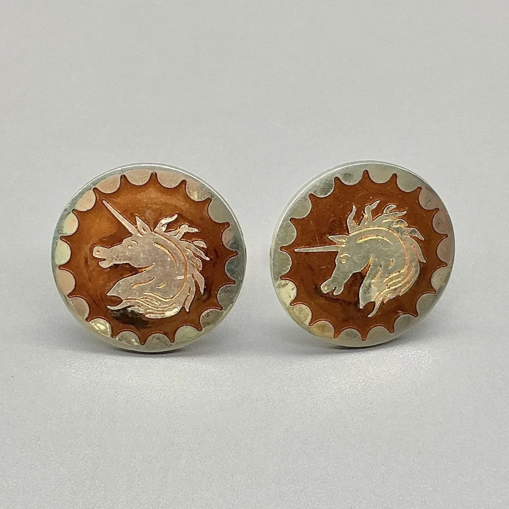 Vintage Unicorn Cufflinks Tie Bar Set Brown Enamel Gold Tone Fantasy Men's